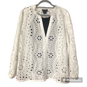 Anthropologie Liv Los Angeles Eyelet Crochet Lace Button Front Ruffle Collar Top